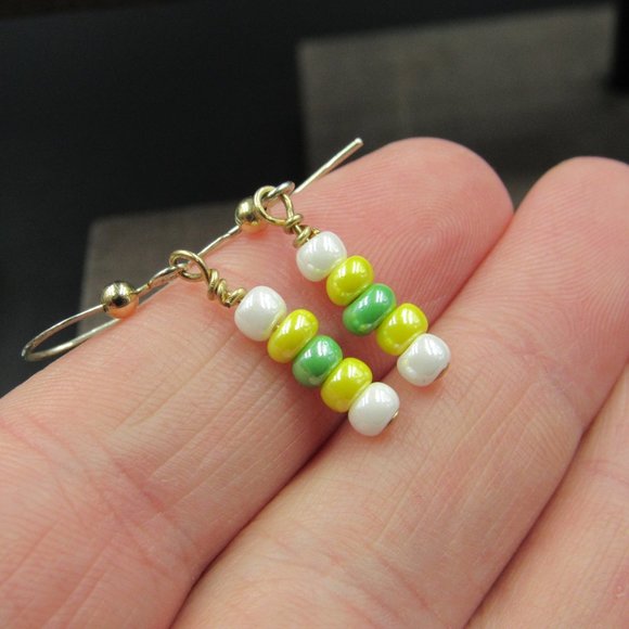 Sterling Silver White Yellow Green Beaded Earrings - Picture 2 of 5